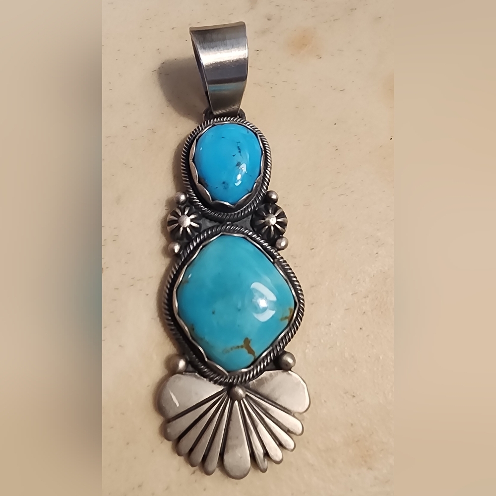 SOLD Native American crafted sterling and turquoise pendant.
